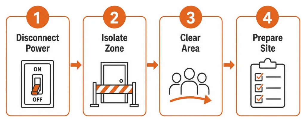 Emergency safety sequence: disconnect power, isolate zone, clear area, prepare site