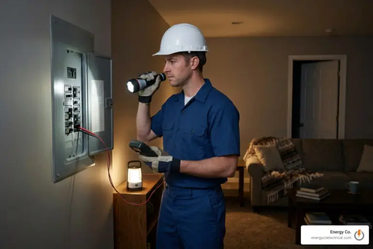 An electrician in a blue uniform and white hard hat inspects an open electrical panel with a flashlight and meter in a dimly lit living room, demonstrating the dedication of a 24 hour electrician. A lantern sits nearby, and a couch is visible in the background.
