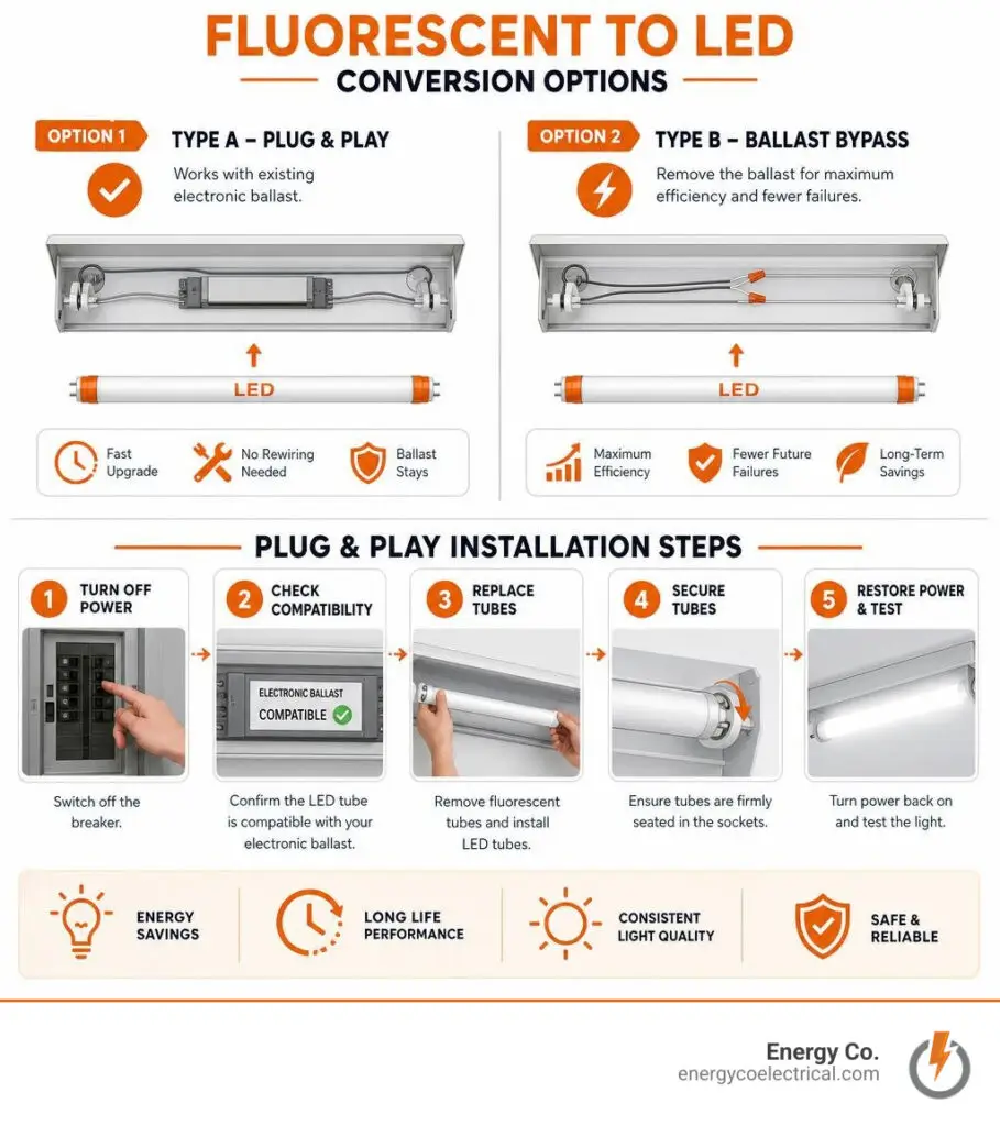 Retrofit fluorescent lighting led – Fluorescent to LED conversion options and plug-and-play installation steps infographic