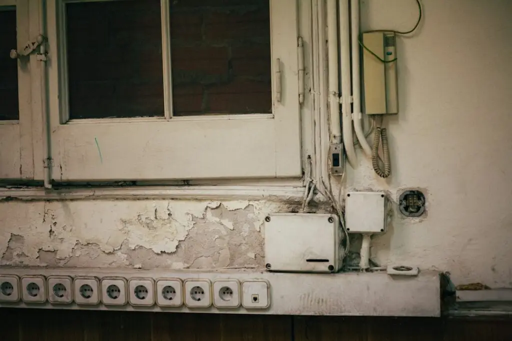 Hazardous exposed electrical wiring and outdated fuse box in older home