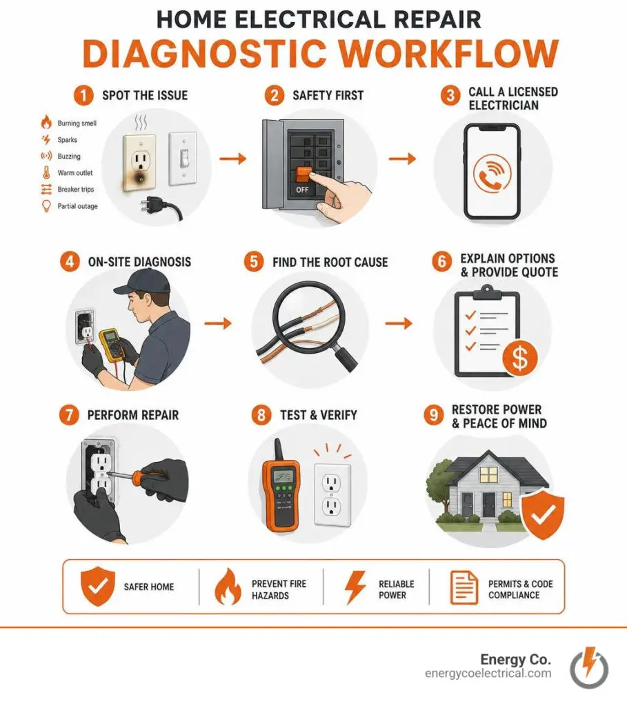 Home electrical repair diagnostic workflow infographic
