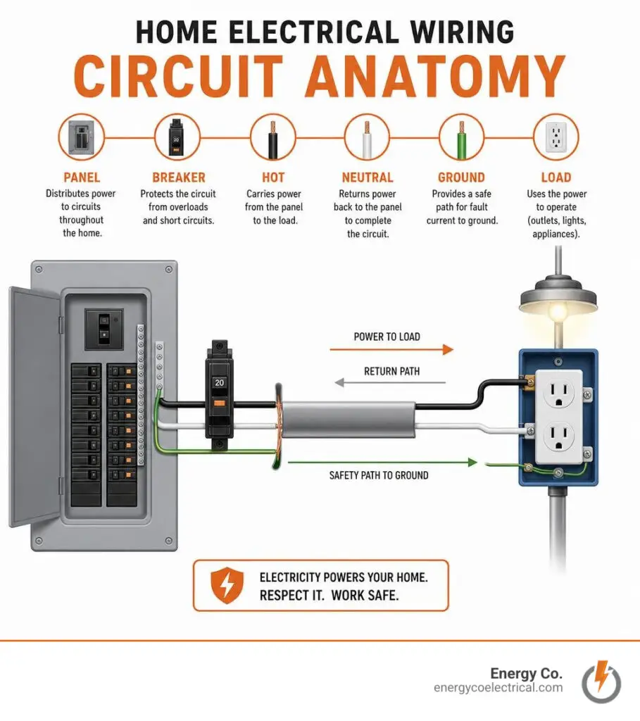 Home electrical wiring circuit anatomy: panel, breaker, hot, neutral, ground, and load infographic