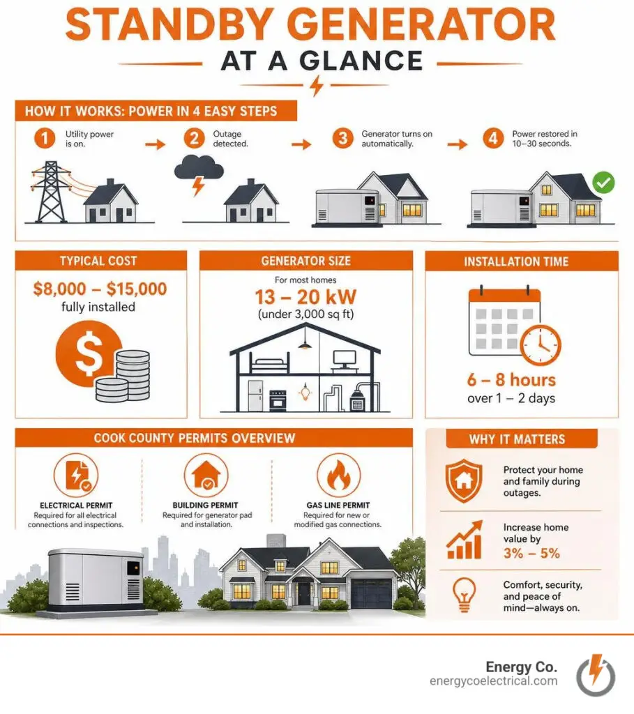 Backup generator installation Cook County – Infographic showing standby generator operation steps, costs, sizing, and Cook County permit overview infographic