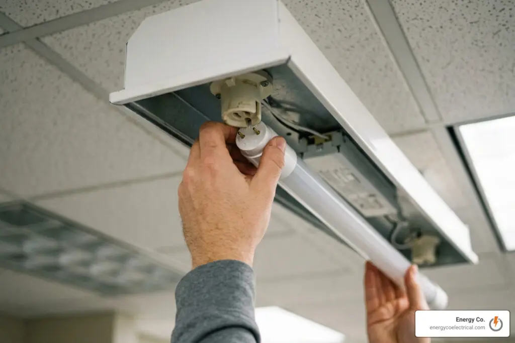 Inserting plug and play LED tube into fixture tombstones