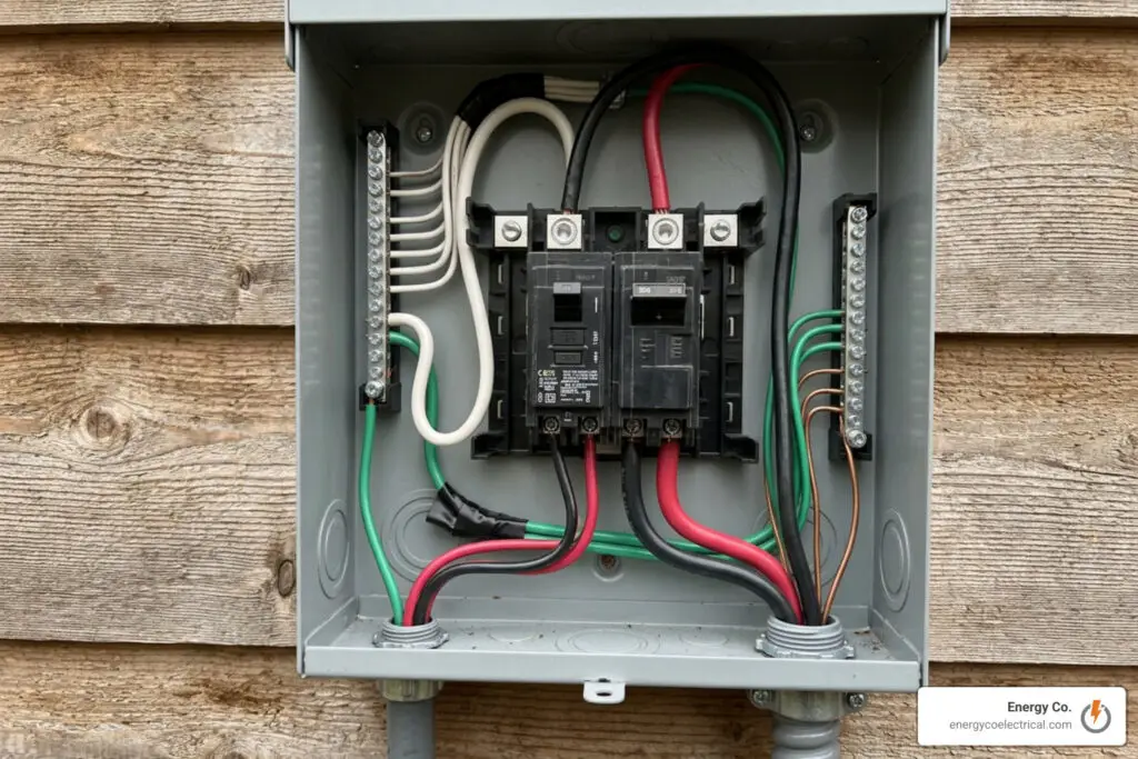 Inside view of terminal lugs and GFCI wiring inside a 50 amp spa panel