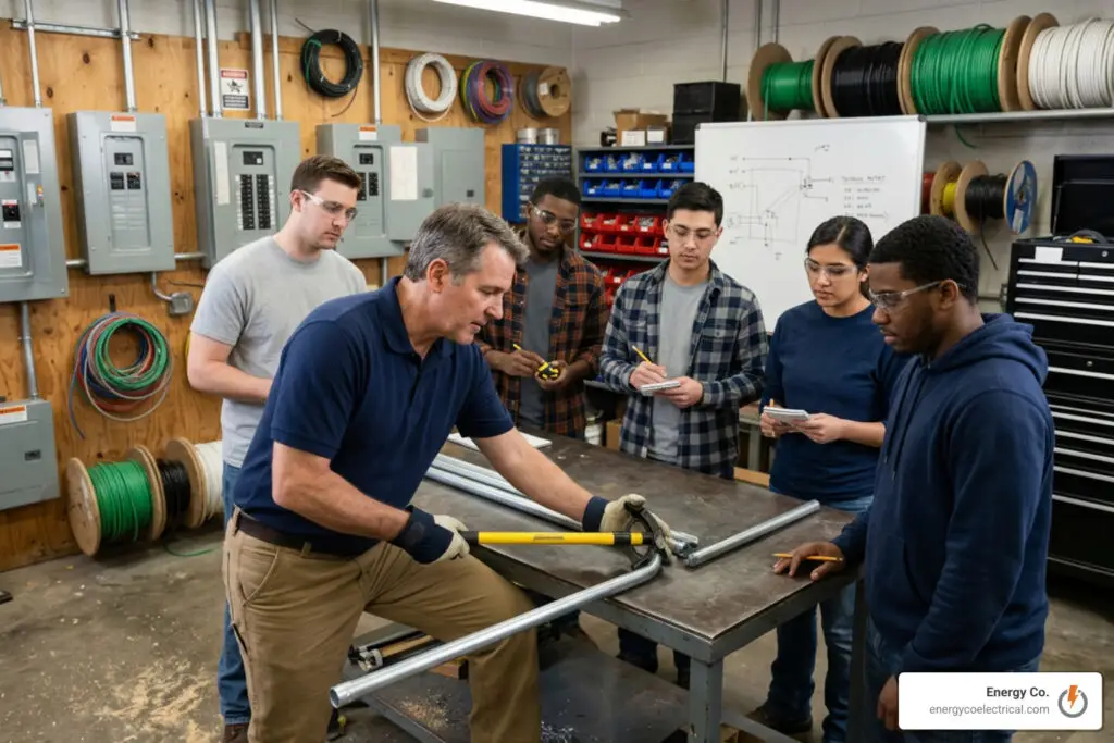 Instructor demonstrating proper conduit bending techniques