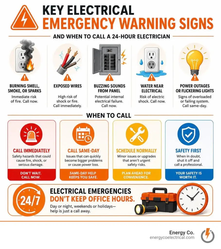 24 hour electrician – Key electrical emergency warning signs and when to call a 24-hour electrician infographic