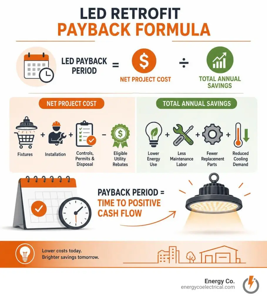 LED retrofit payback period – LED retrofit payback formula showing costs rebates and annual energy maintenance savings infographic