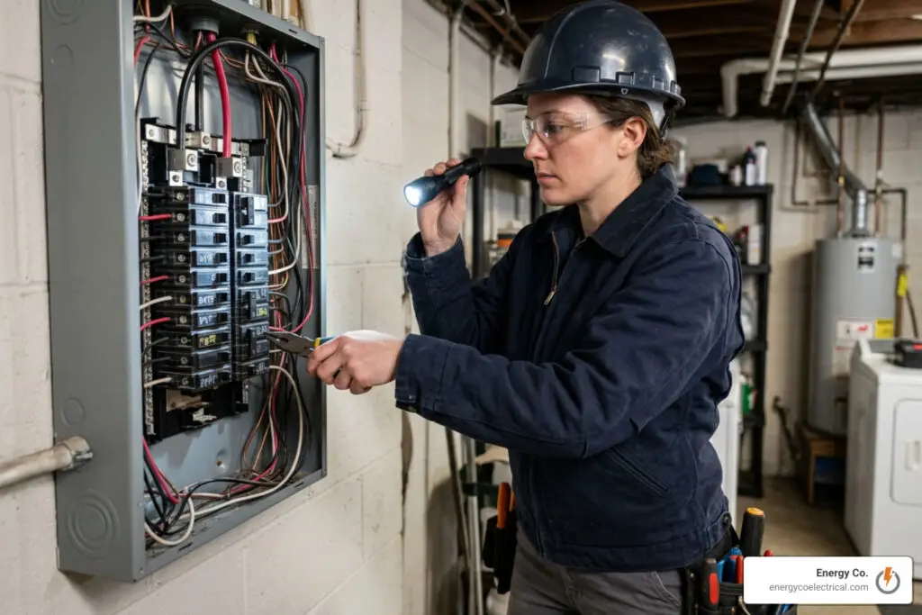 Licensed electrical contractor inspecting panel