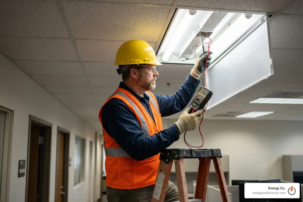Licensed electrician verifying commercial fixture supply voltage