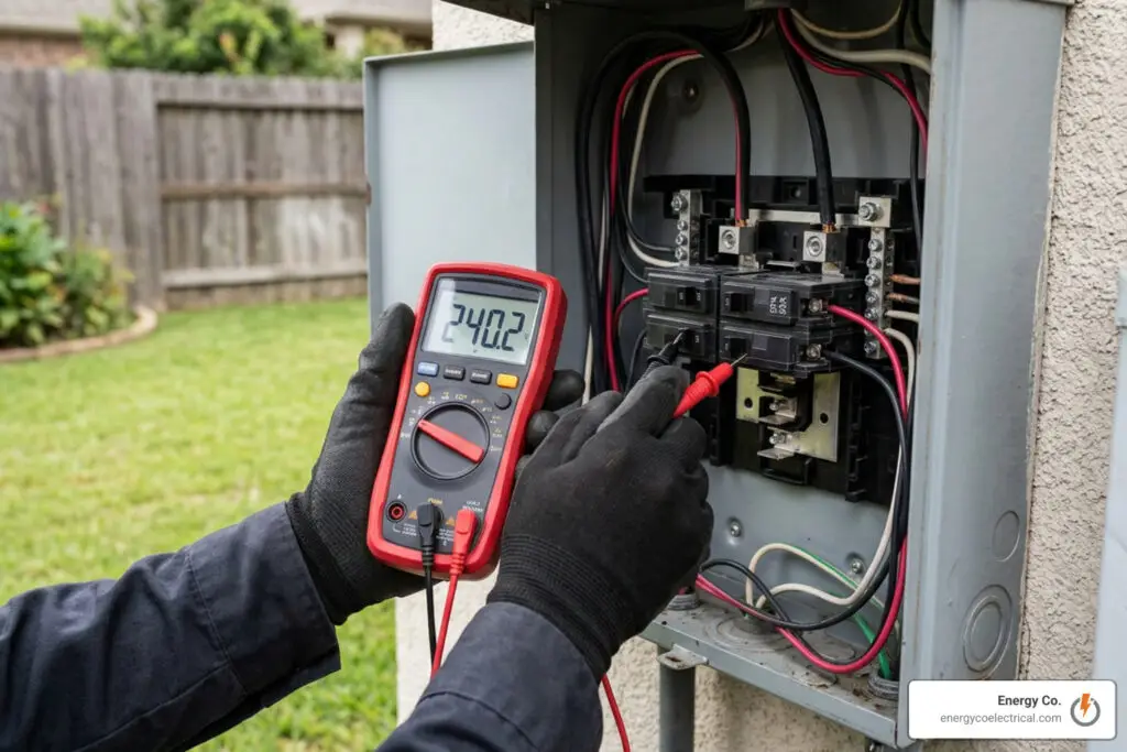 Multimeter measuring voltage across spa panel terminals