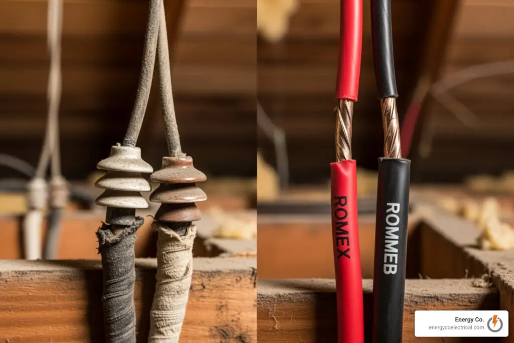 Old knob-and-tube wiring vs modern Romex wiring comparison