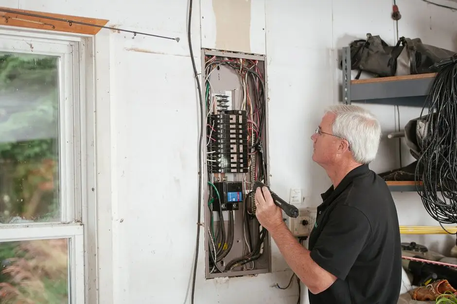 An older man with gray hair inspects an open electrical panel in a garage, holding a flashlight and wearing glasses. Exposed wires are visible, highlighting the importance of finding a licensed electrician near me for safe repairs. A window and shelves with tools are nearby.