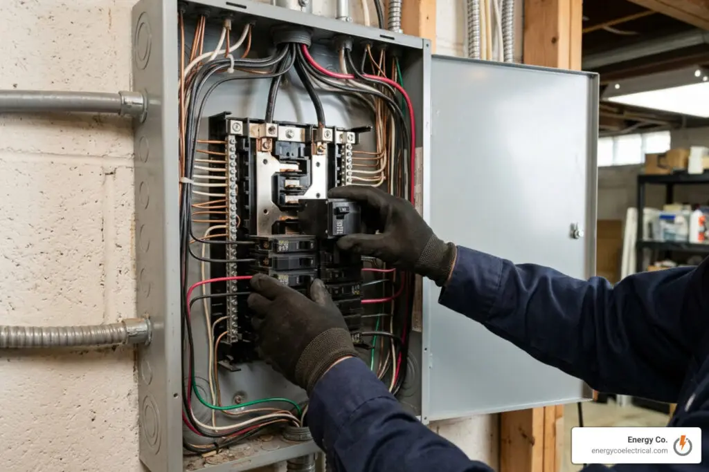 Replacing a circuit breaker inside an open electrical panel