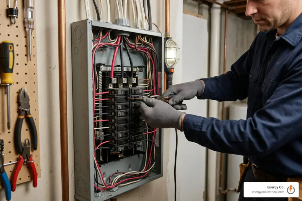 Residential electrical panel with AFCI and GFCI breakers clearly labeled