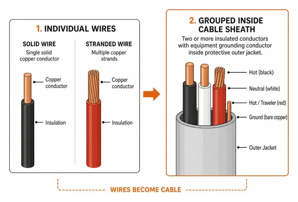 Solid vs stranded individual wires grouped inside insulated multi-conductor cable sheath