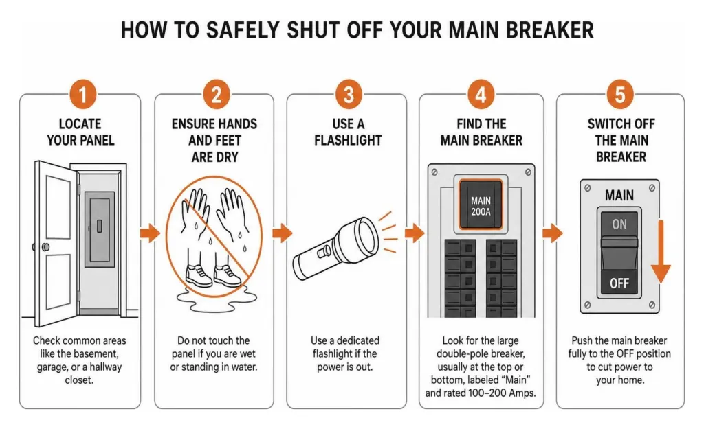 step-by-step process of safely shutting off the main electrical breaker