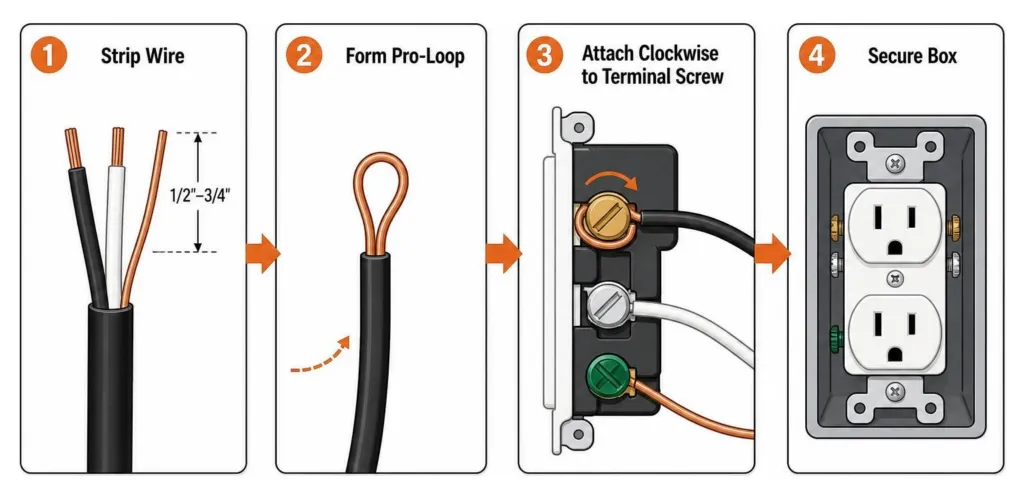 Step-by-step sequence of stripping wire, forming pro-loop, attaching clockwise to terminal screw, and securing box