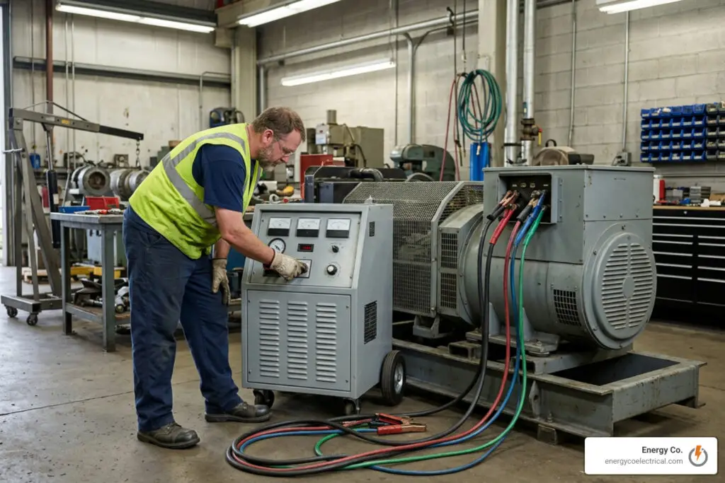 technician performing load bank testing on generator alternator