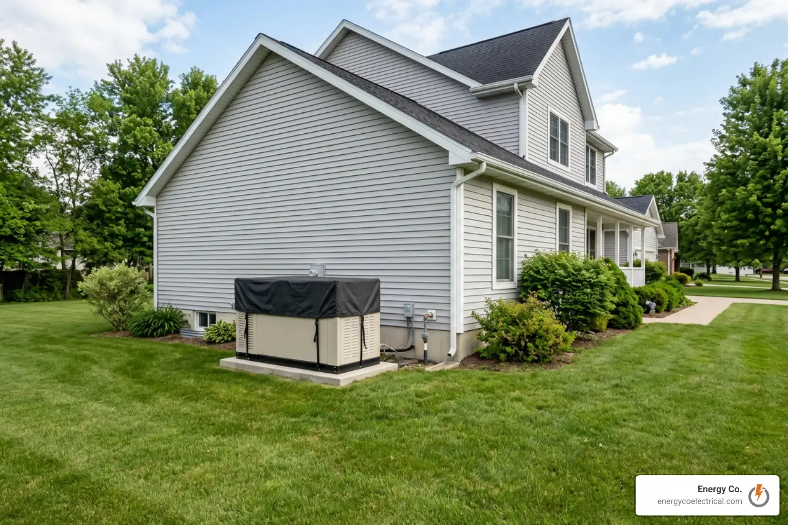 A covered automatic standby generator installed on a concrete pad beside the exterior wall of a two-story suburban home, illustrating real-world standby generator installation expenses and the value of hiring an experienced electrician near me for a proper backup power setup.