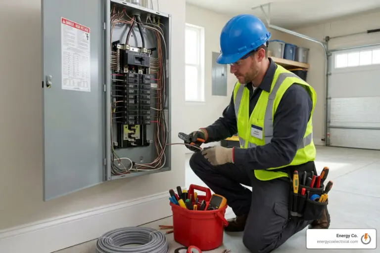 An electrician in a blue hard hat and high-visibility safety vest kneeling in a garage to work inside an open residential electrical panel, using pliers on the wiring with a bucket of tools, a coil of gray cable, and a spool of wire at his feet, illustrating the hands-on labor behind the cost to rewire a 1,100 sq ft house.