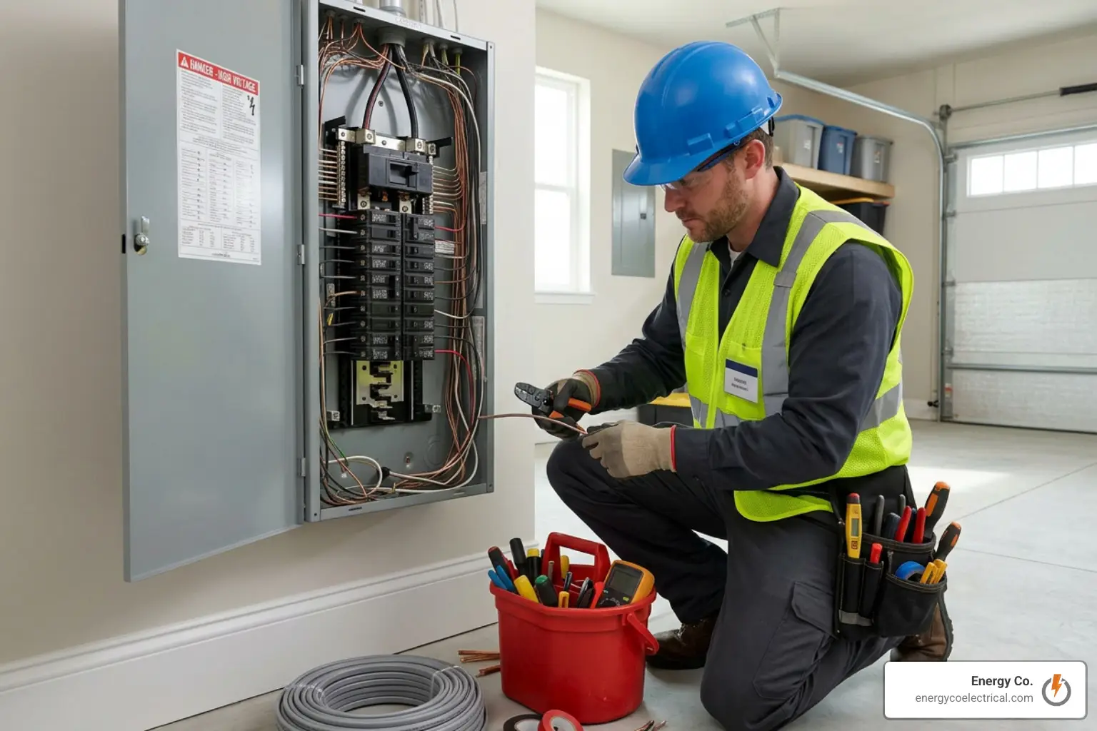 An electrician in a blue hard hat and high-visibility safety vest kneeling in a garage to work inside an open residential electrical panel, using pliers on the wiring with a bucket of tools, a coil of gray cable, and a spool of wire at his feet, illustrating the hands-on labor behind the cost to rewire a 1,100 sq ft house.