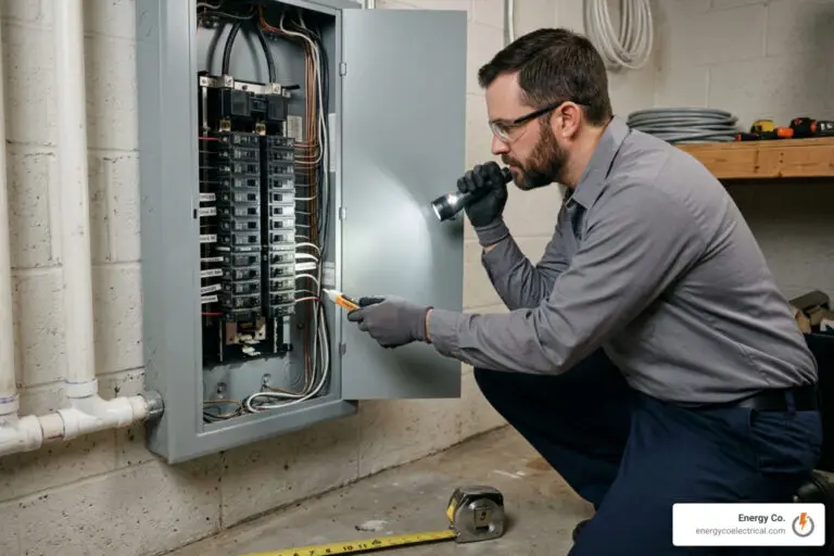 Man wearing glasses and gloves examines wires in an open electrical panel using a flashlight and screwdriver, performing electrical panel maintenance in a basement or utility room.
