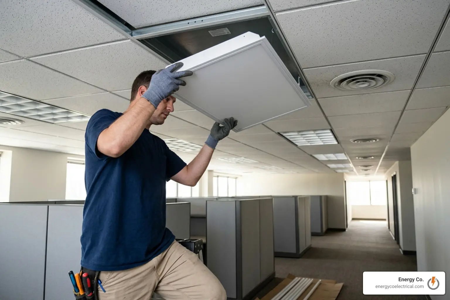 An electrician in a navy blue t-shirt and protective gloves standing on a stepladder while installing a flat white LED panel light into a suspended office ceiling grid, with rows of empty cubicles and large windows visible down the hallway, showing how existing fixtures can be upgraded with a smart LED retrofit kit without a full rewire.