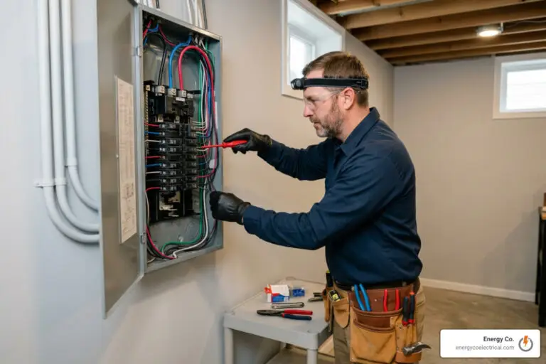 An electrician wearing gloves and a headlamp uses a screwdriver to work on a circuit breaker panel in a basement, demonstrating hands-on skills from the electrical installation and maintenance module. Tools and wires are visible nearby.