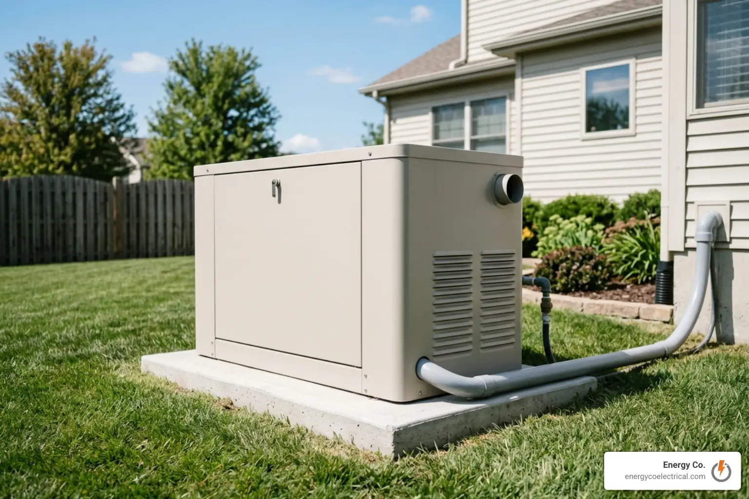 A large residential standby generator with a beige metal enclosure and side vents, installed on a concrete pad in a backyard next to a two-story home with tan vinyl siding, connected to a gas line and flexible conduit running along the ground, with a wooden privacy fence and mature trees in the background, illustrating the real-world cost and setup of standby generator installation for homeowners.