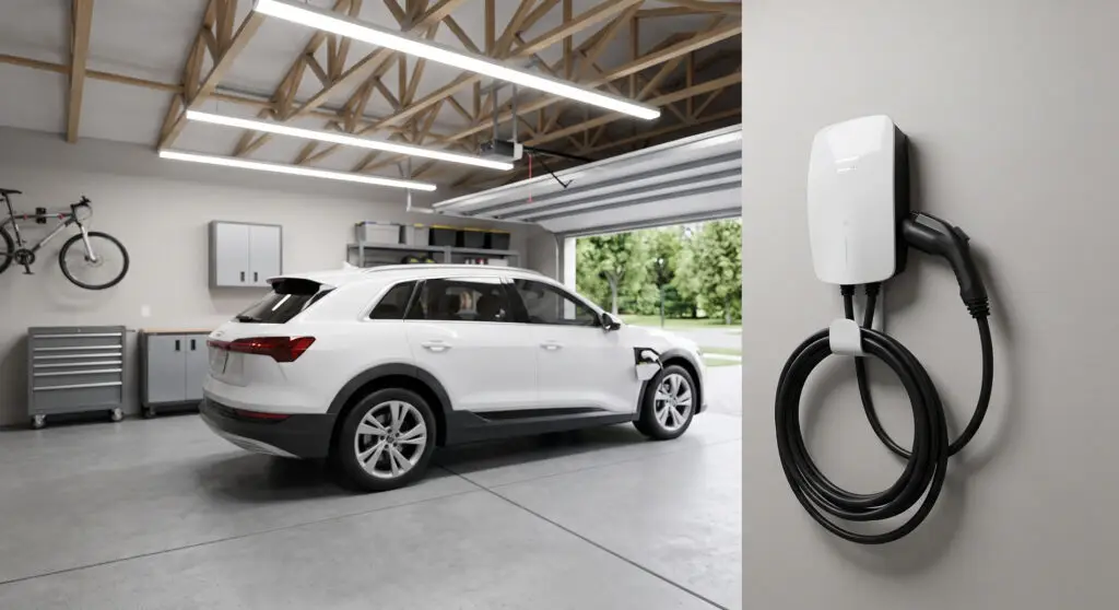 A white electric SUV is parked in a clean, modern garage. An electric vehicle charging station, seamlessly integrated as part of a recent whole-house rewiring project, is mounted on the wall at the right with its cable neatly coiled. The garage door is open, revealing greenery outside.