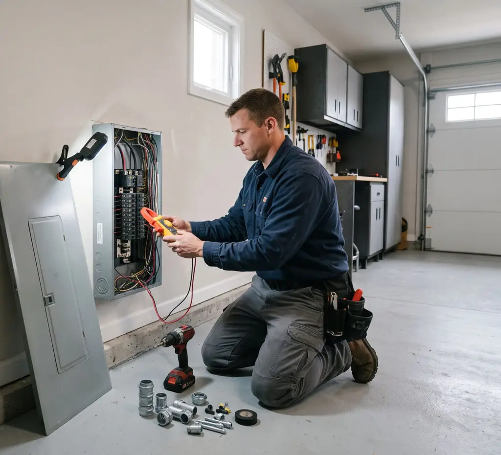 An electrician kneels in a garage, using a multimeter to test wires in an open electrical panel as part of a whole-house rewiring project. Tools and metal parts are scattered nearby. The garage is well-lit with shelves and a workbench in the background.
