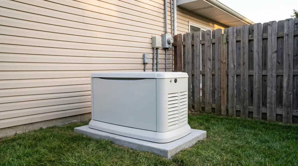 A standby generator sits on a concrete pad next to a beige house with vinyl siding—recently upgraded through whole-house rewiring—and a wooden fence, surrounded by green grass.