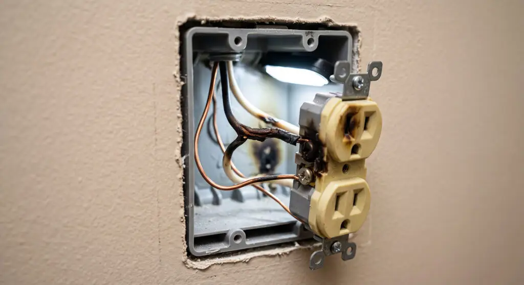 A removed outlet cover plate revealing a badly scorched double electrical outlet with charred, exposed copper and cloth-insulated wiring inside the wall box, showing the kind of fire-damaged, outdated wiring that makes a case for a whole-house rewiring service.
