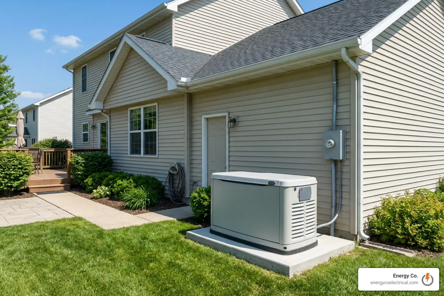 A standby generator sits on a concrete pad beside a beige house with siding, showcasing professional generator installation Palatine expertise. The scene is surrounded by green grass, shrubs, and a wooden deck in the background.