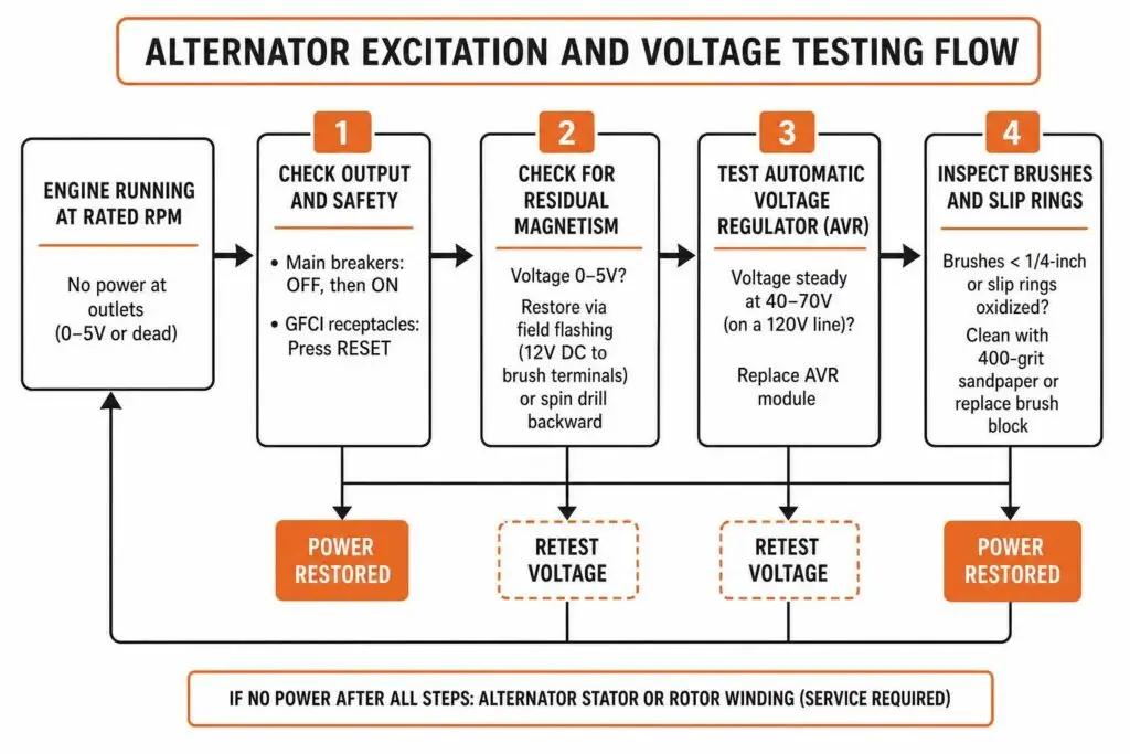 Alternator excitation and voltage testing flow