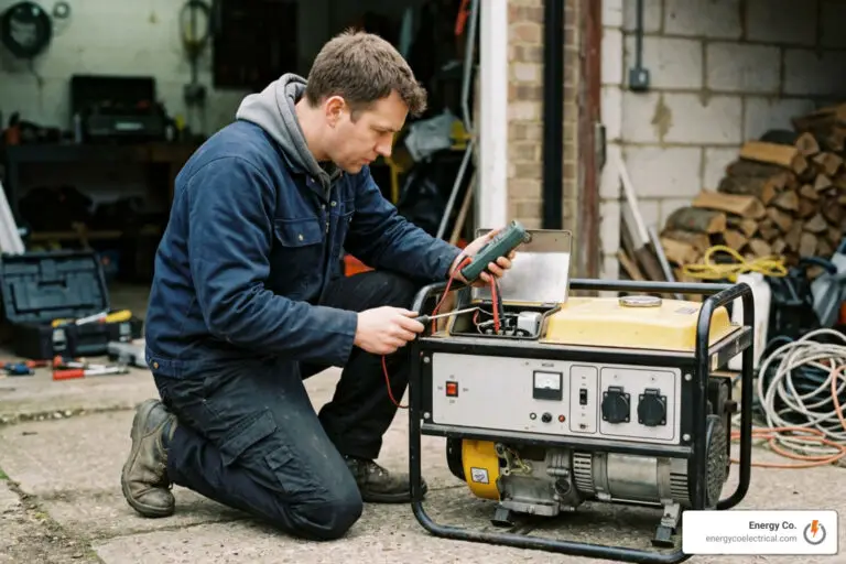 A man kneels outside a garage, testing a yellow portable generator with a multimeter as he works on a generator not starting fix. Tools, cords, and stacked firewood are visible nearby.