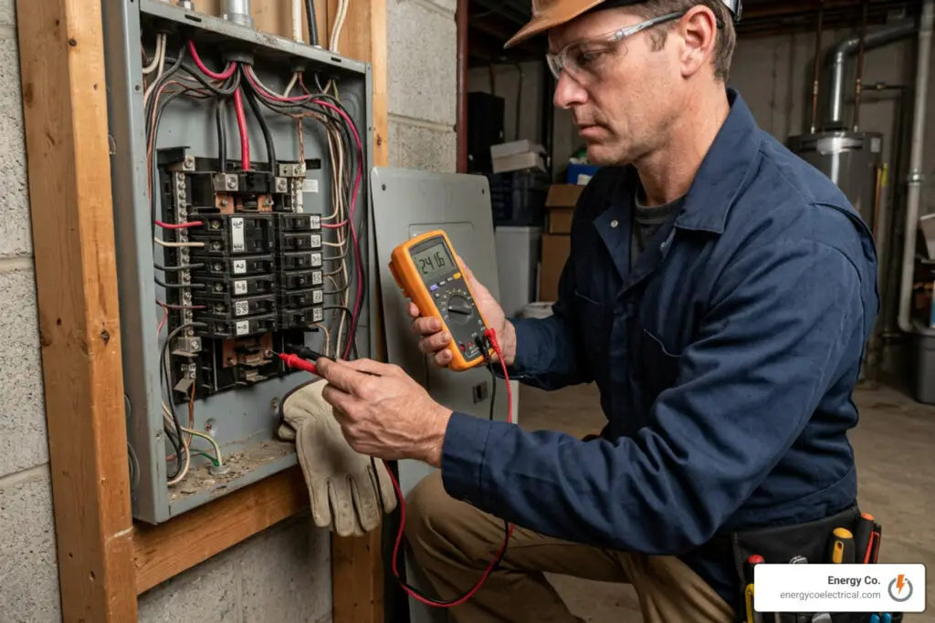 certified technician testing electrical panel connections
