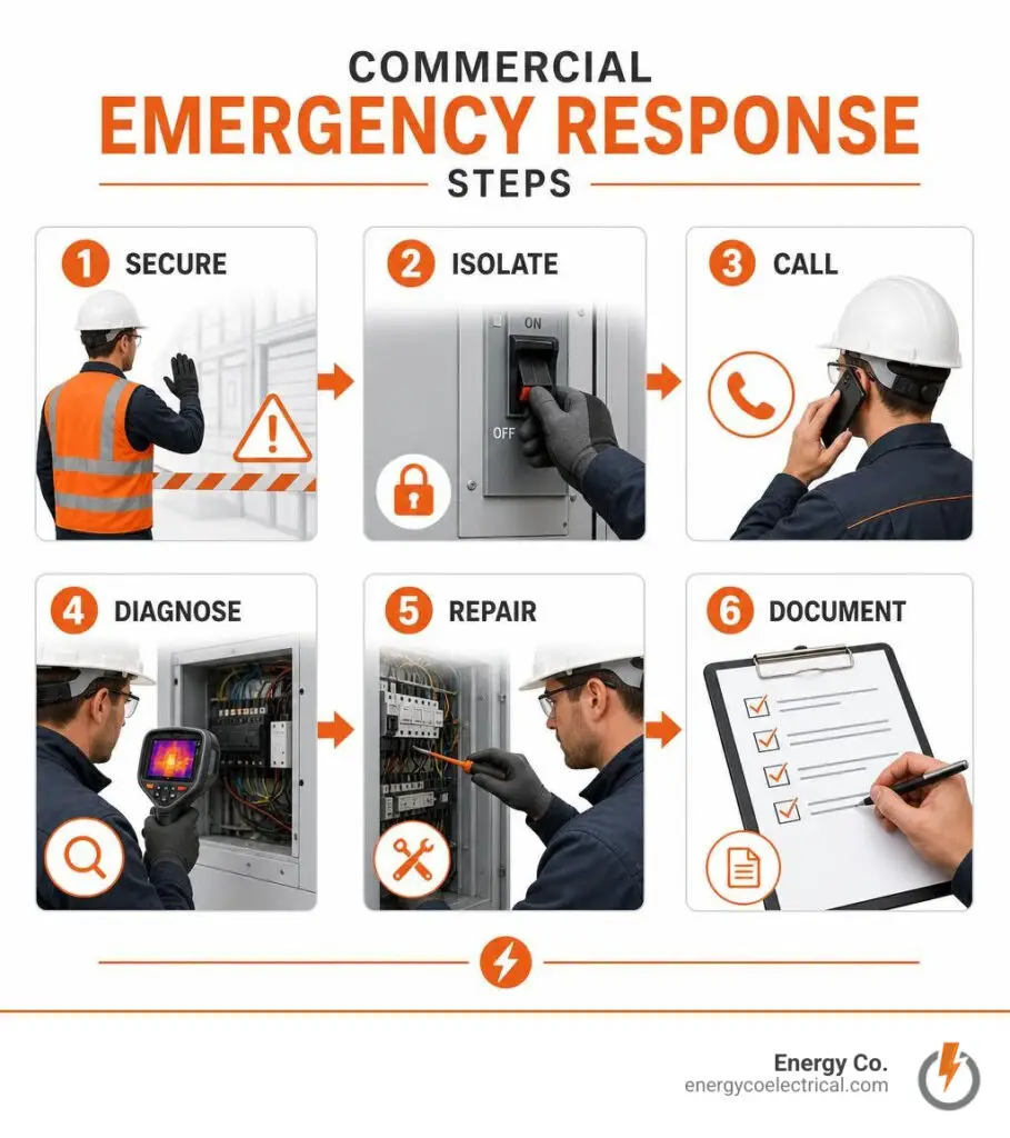 Commercial emergency response steps: secure, isolate, call, diagnose, repair, document infographic
