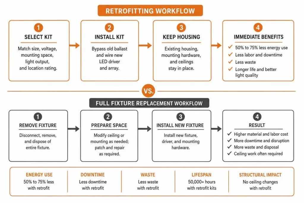 Comparison workflow of retrofitting versus replacing light fixtures