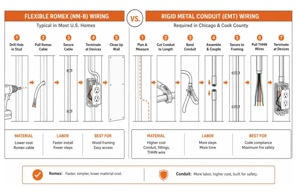 diagram comparing flexible Romex wiring to rigid metal conduit installation