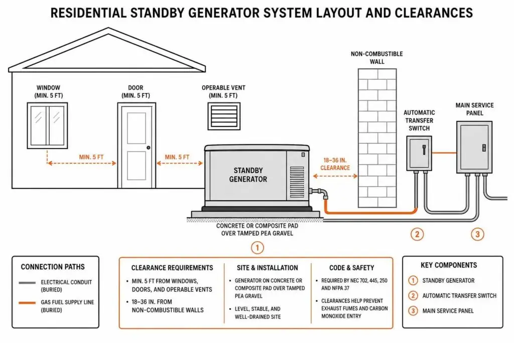 Diagram of residential standby generator system layout and clearances