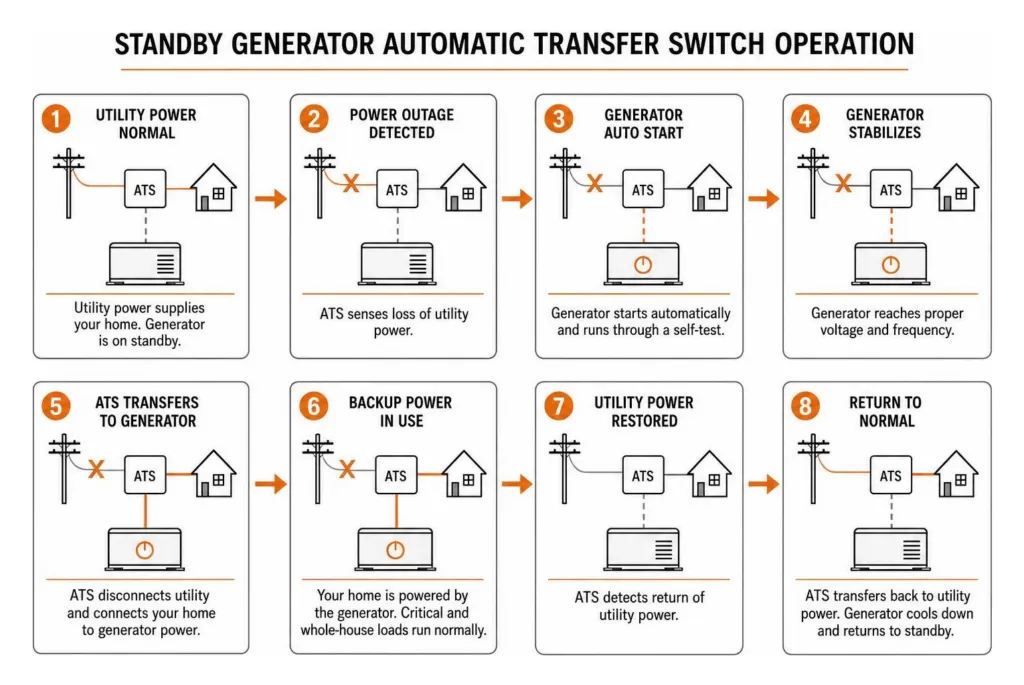 Standby generator installation costs – Diagram showing standby generator automatic transfer switch operation during power outage