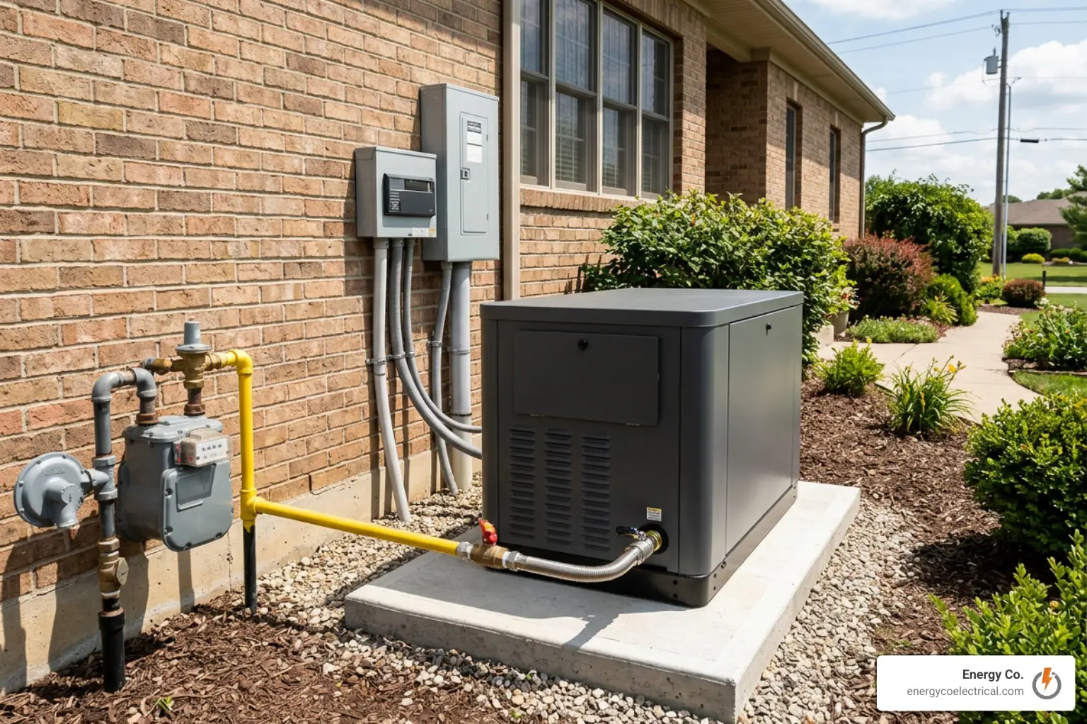 A standby generator is installed outside a brick house, connected to gas and electrical meters, surrounded by mulch and green landscaping under a sunny sky. Homeowners considering this upgrade should also factor in the standby generator cost as part of their overall investment.