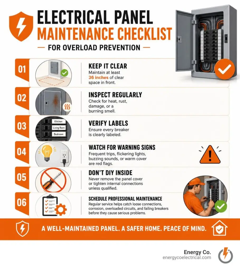 Electrical panel maintenance checklist for overload prevention infographic