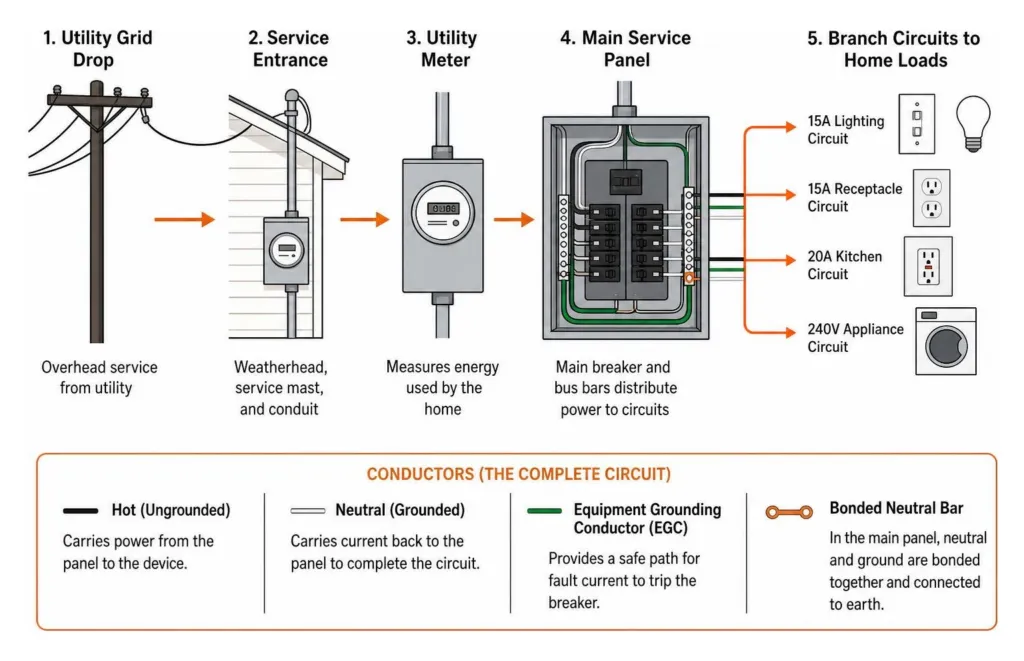 Electrical power distribution pathway from service grid drop to individual home circuits