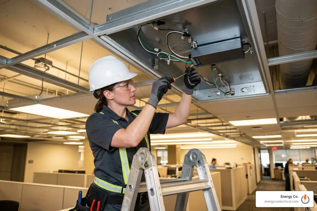 Electrician wiring a direct-wire constant-current LED driver into a commercial fixture