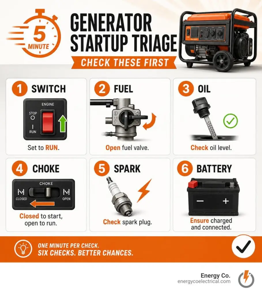 Generator not starting fix – Five-minute generator startup triage: switch, fuel, oil, choke, spark and battery infographic