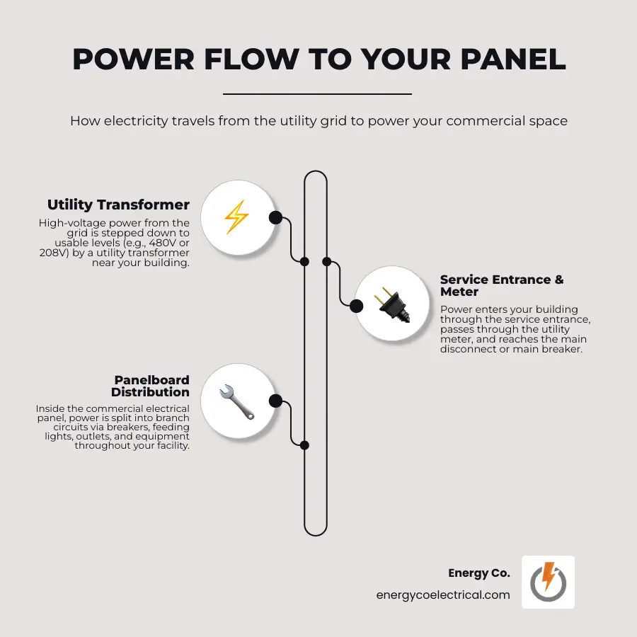 Commercial electrical panel – Flow of power from utility to commercial panelboards, types, and key specs infographic