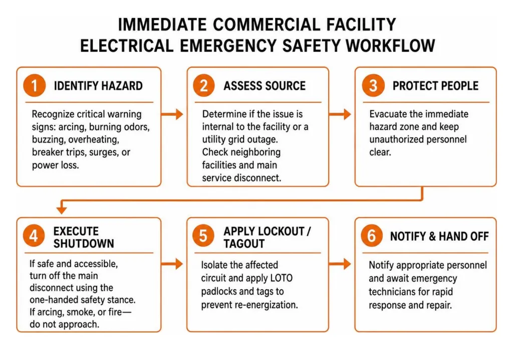 Immediate commercial facility electrical emergency safety workflow